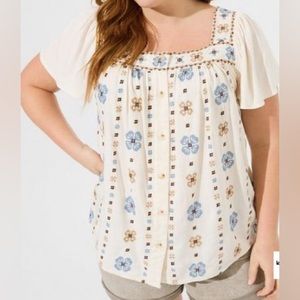 Torrid 2x Embroidered Square Neck Flutter Short Sleeve Top